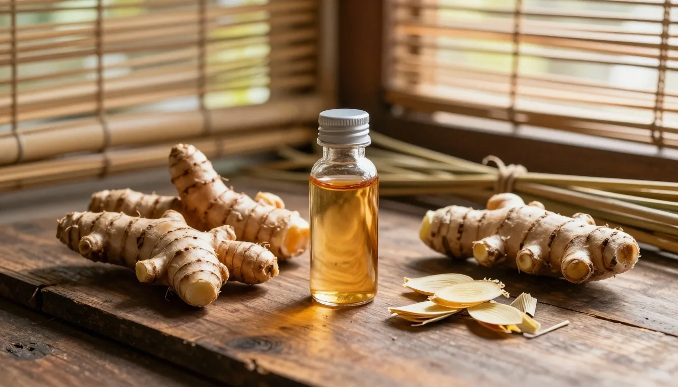 Daya Jantan natural supplement bottles and botanical ingredients on a warm wooden workshop table