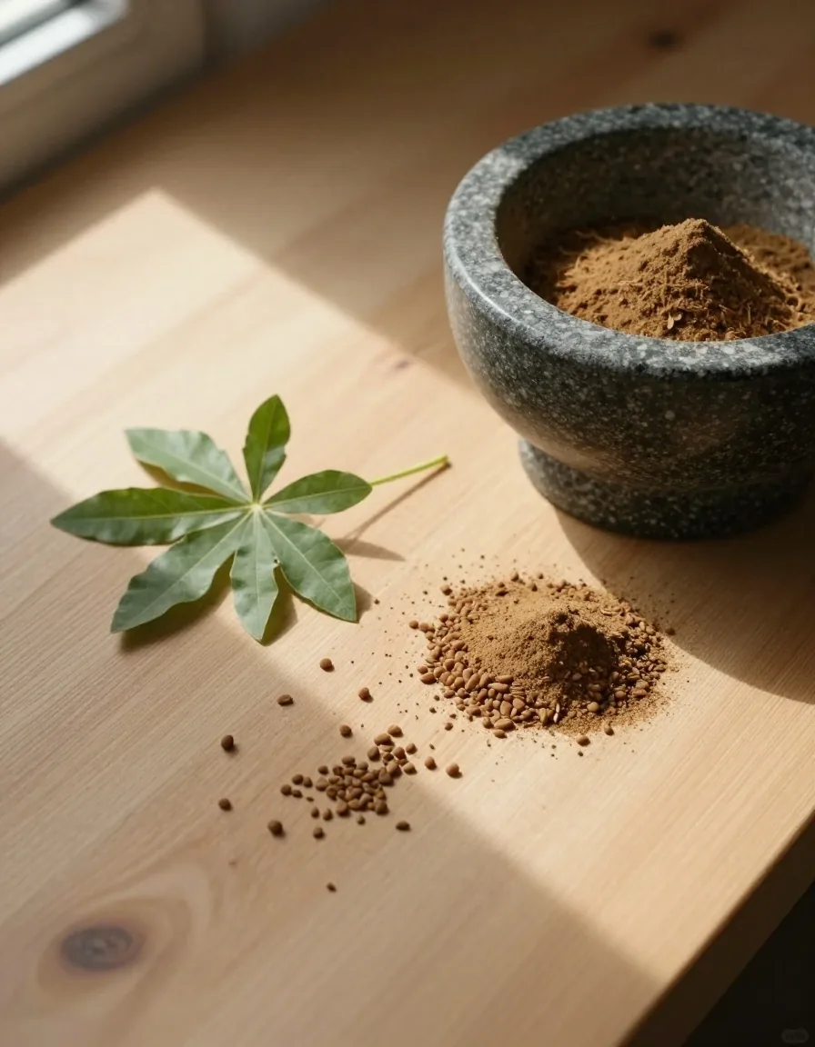 Dried botanical ingredients arranged on a birch wood table