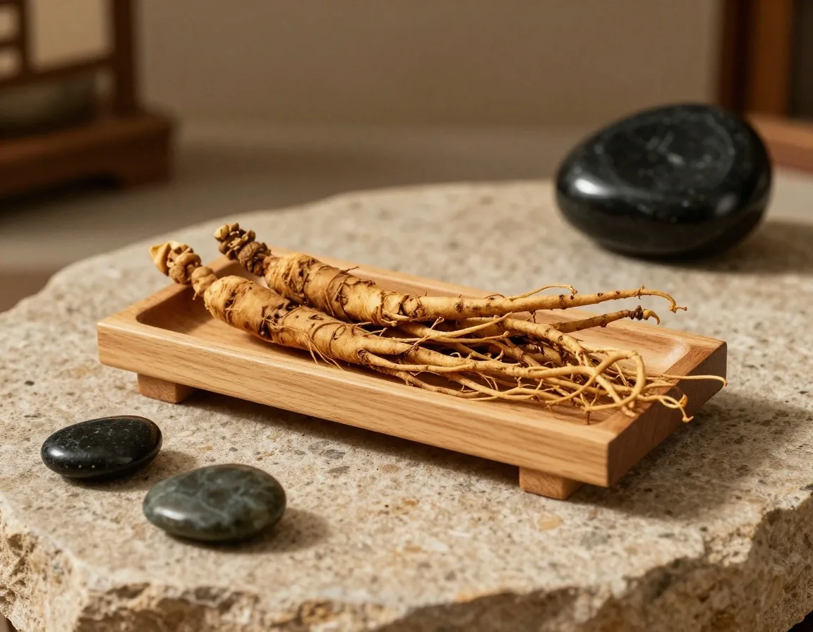 Natural supplement capsules on a stone surface with dried herbs