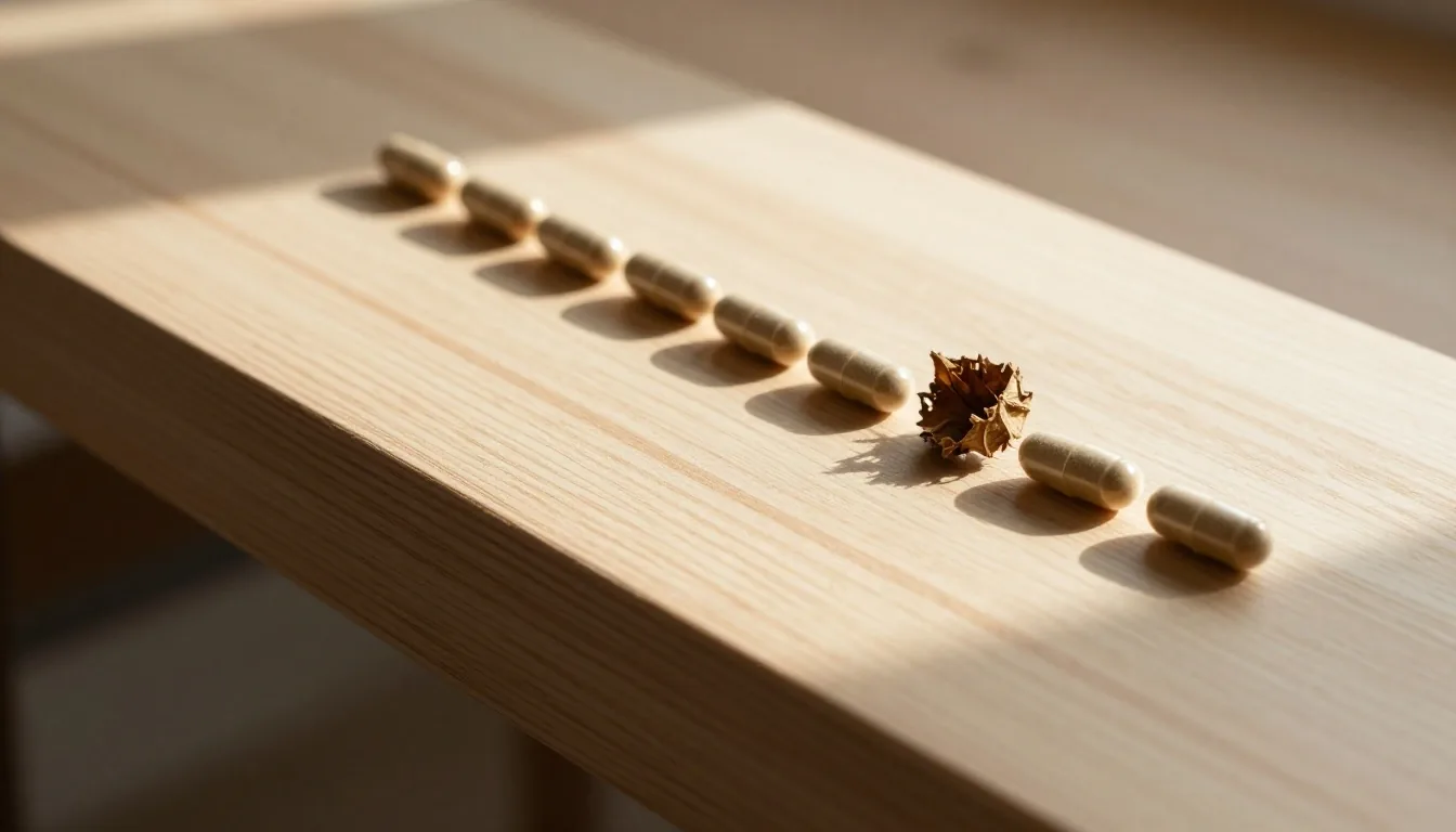 Daya Jantan workshop table with natural supplement capsules on warm birch wood