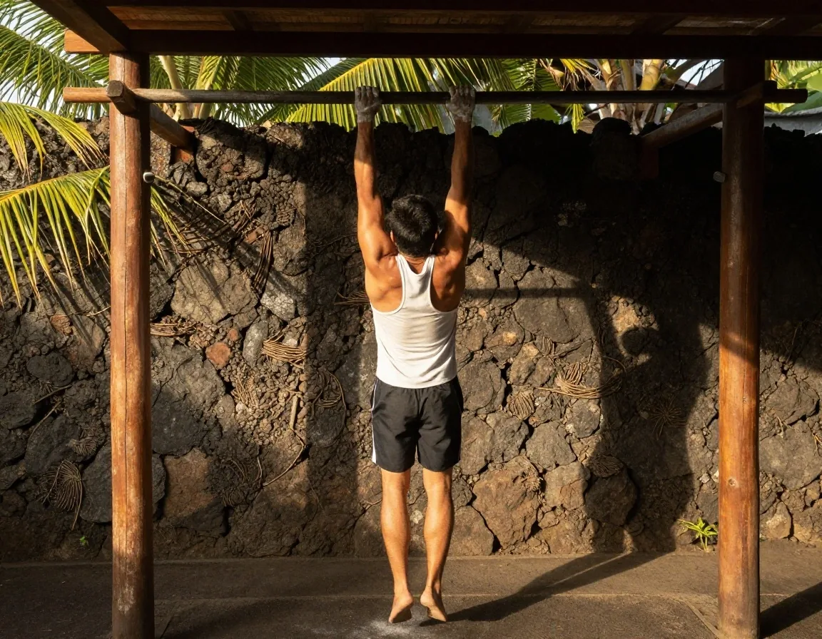 A man training with basic resistance equipment outdoors in Bali