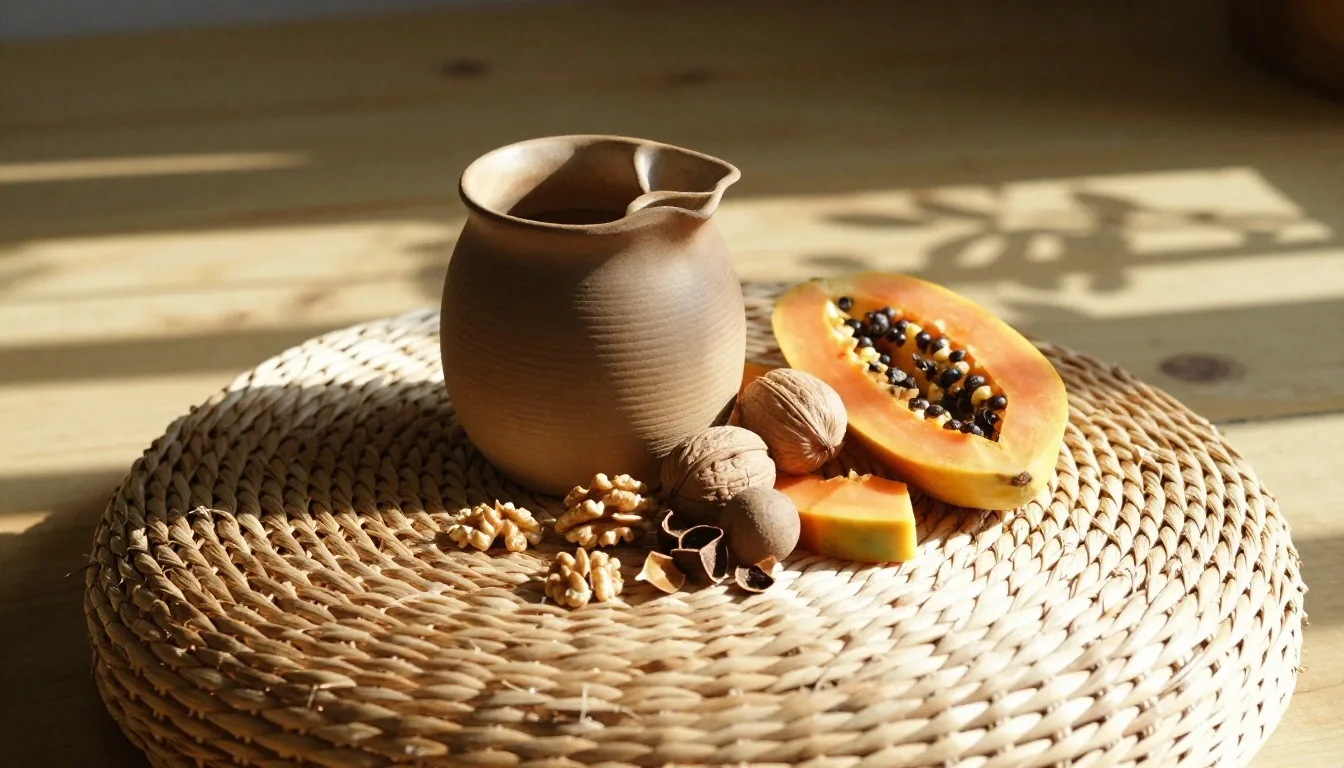 Wellness basics arranged on a birch workshop table under warm afternoon light