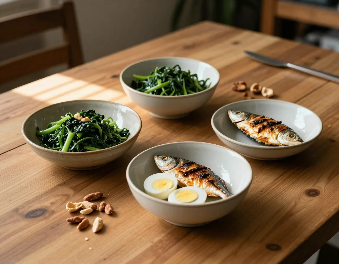 Whole foods including greens, fish, eggs, and nuts arranged on birch wood
