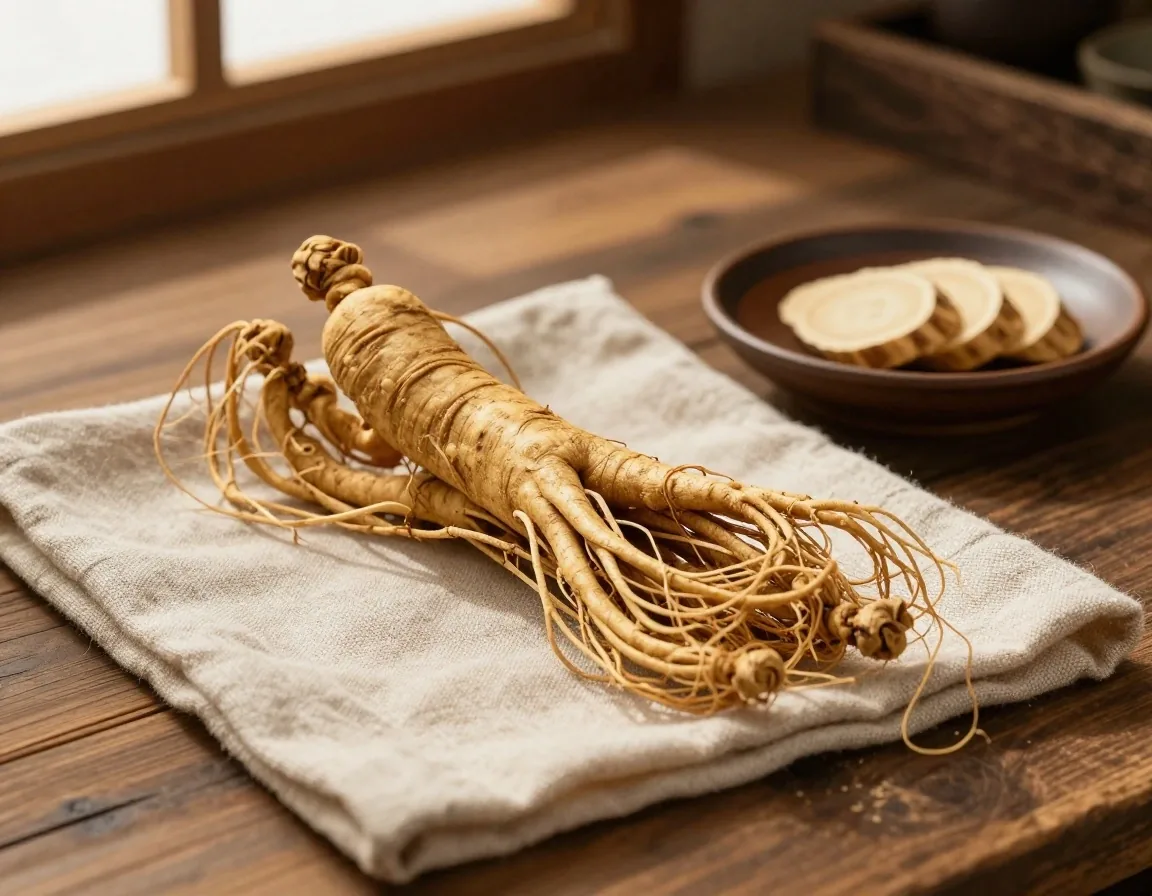 Dried ginseng root on birch wood