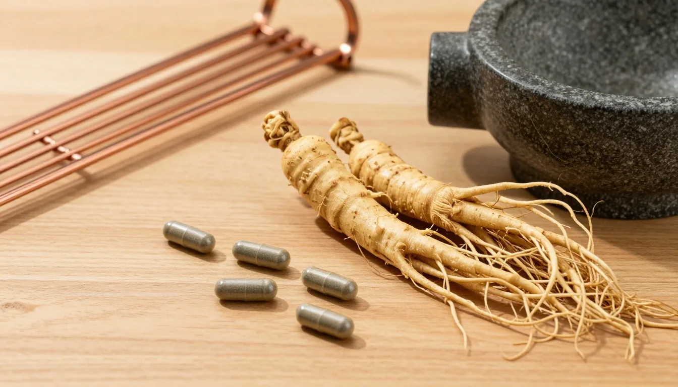 Natural supplement capsules and dried botanical ingredients on birch wood