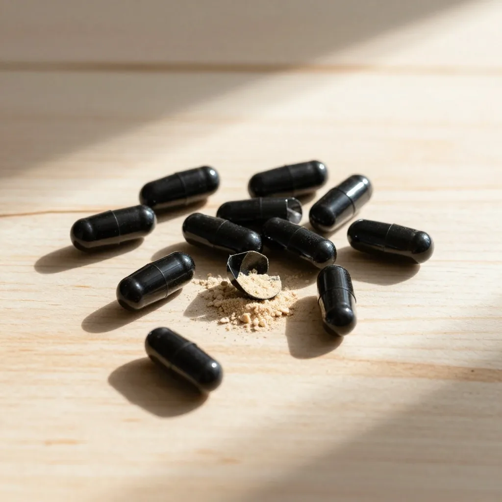 Supplement capsules on birch wood