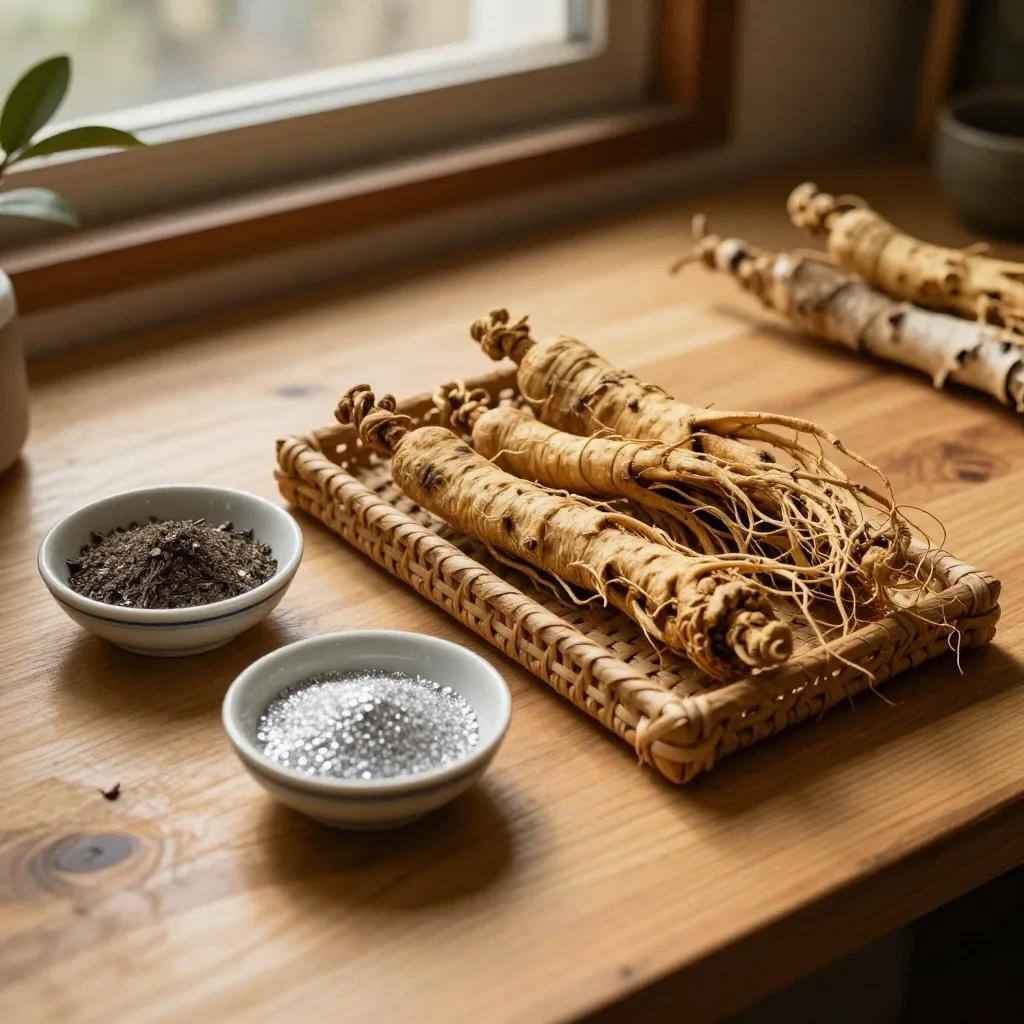 Supplement capsules with dried herbal ingredients on a workshop table