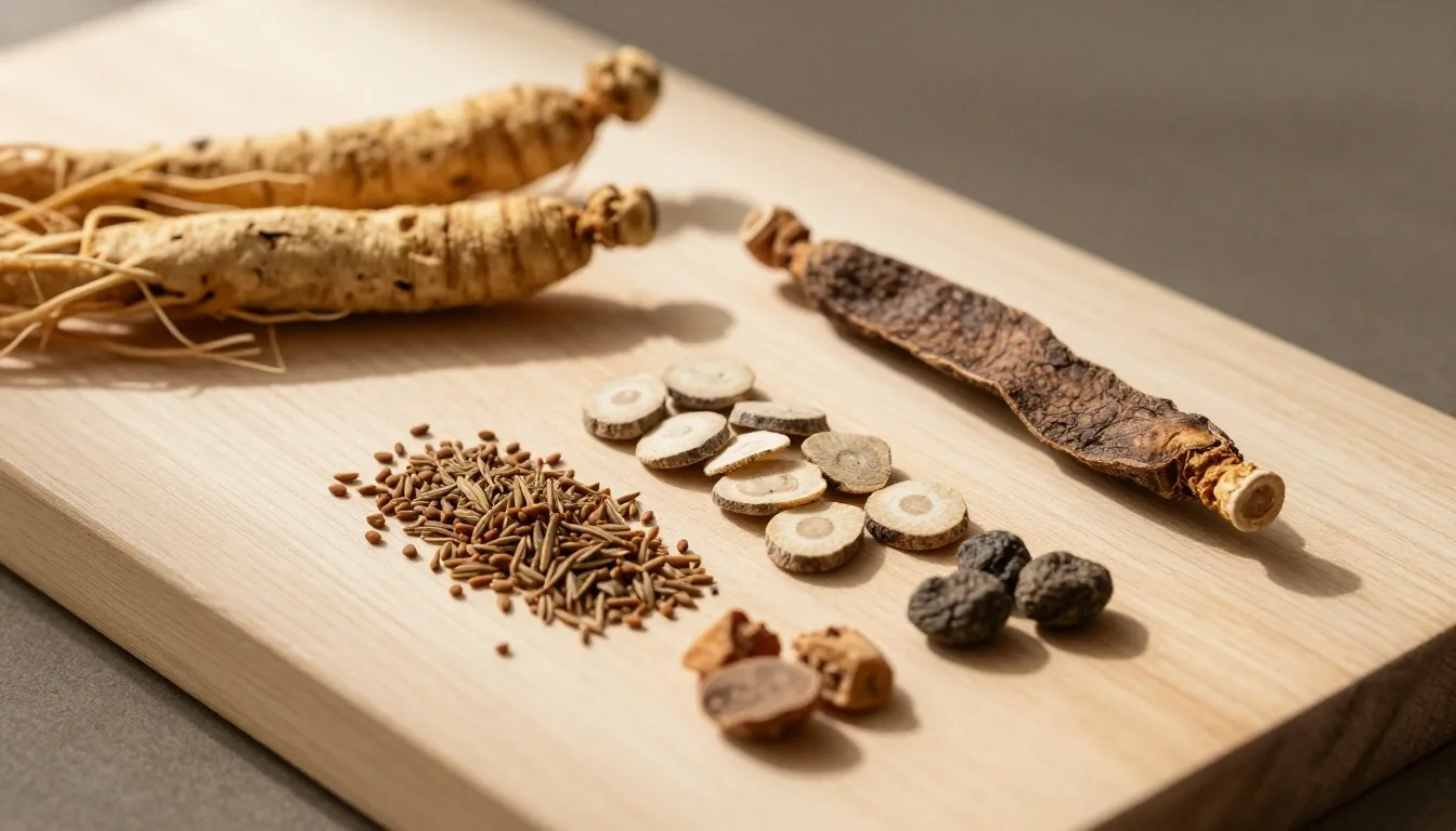 Dried botanical ingredients on birch wood