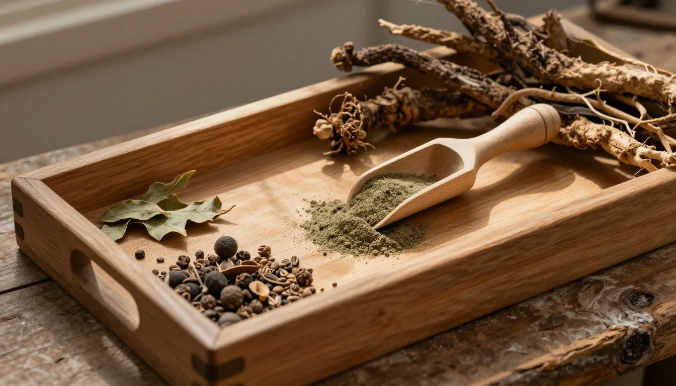 Daya Jantan supplement tins and capsules on birch wood workshop table