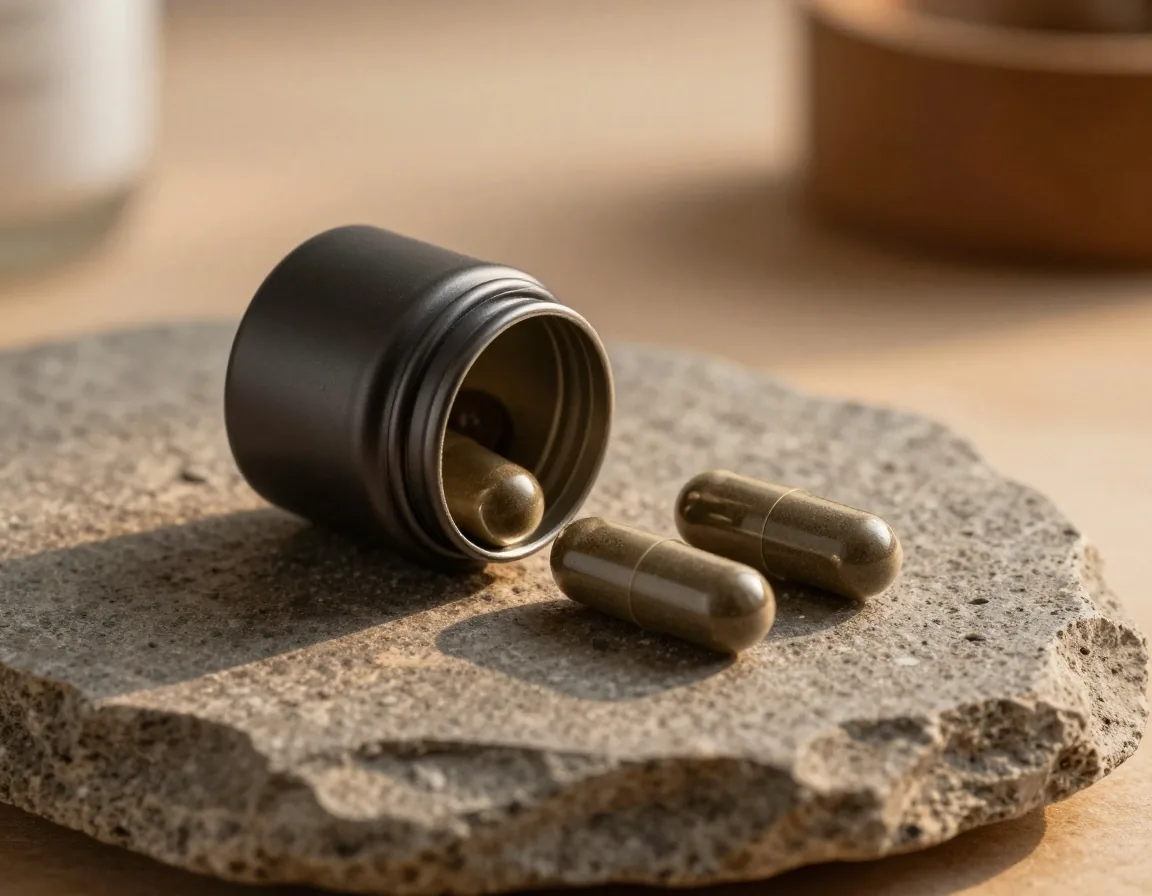 A Daya Jantan supplement tin on a basalt stone surface